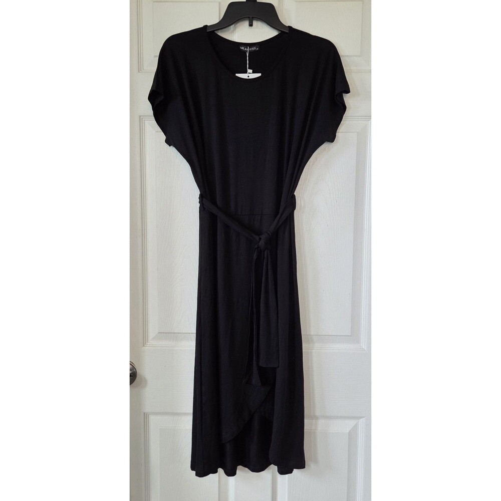 MILAN KISS Women's Black Short Sleeve Faux Wrap Dress Stretch Knit Size M NWT